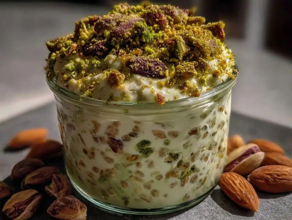 creamy matcha pistachio overnight oats - featured image