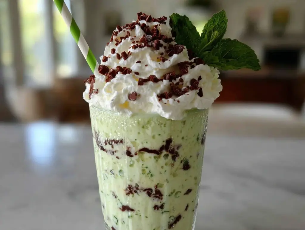 creamy mint chocolate chip milkshake - featured image