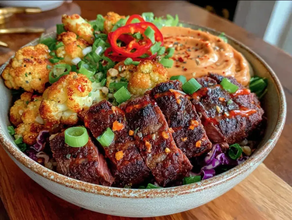 easy spicy steak nourish bowl - featured image