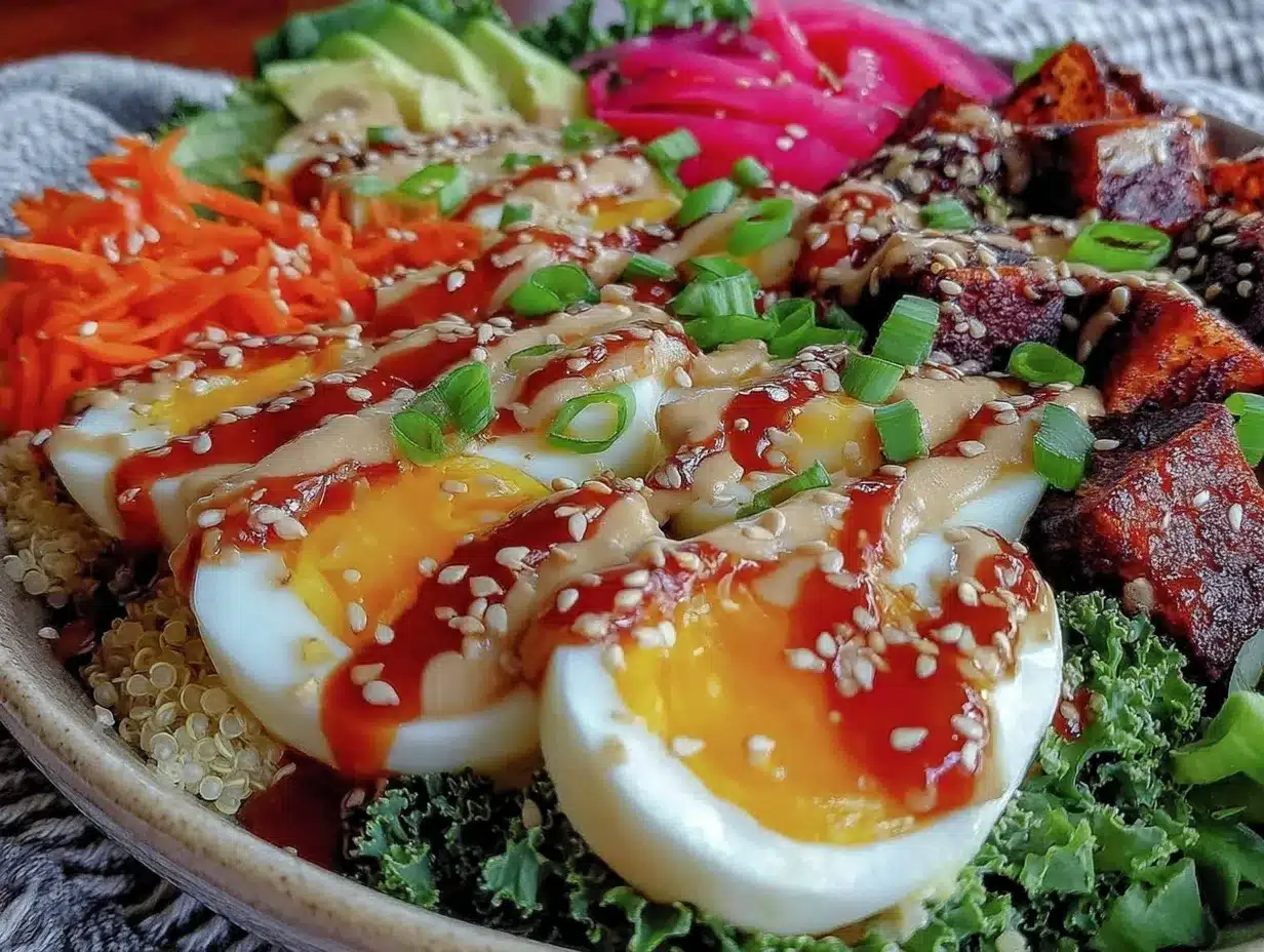 healthy nourish bowl with soft-boiled eggs preparation steps