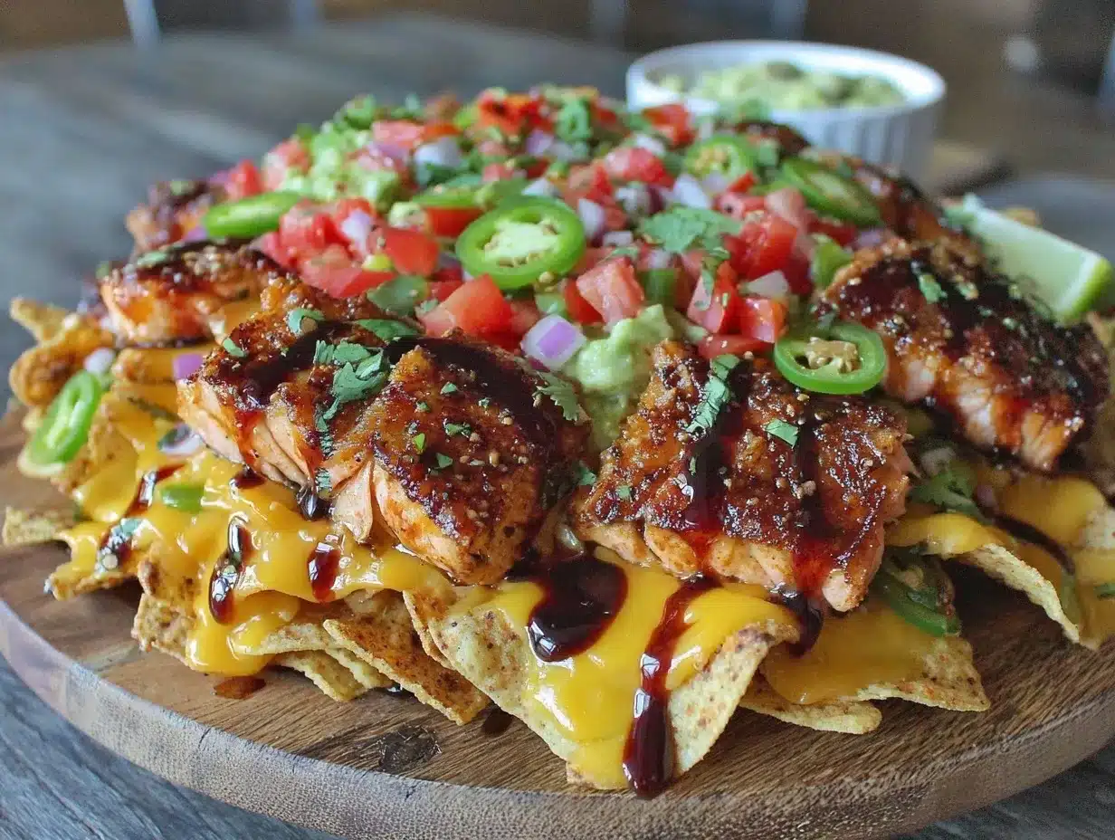 loaded nacho party bowl with miso-glazed salmon preparation steps