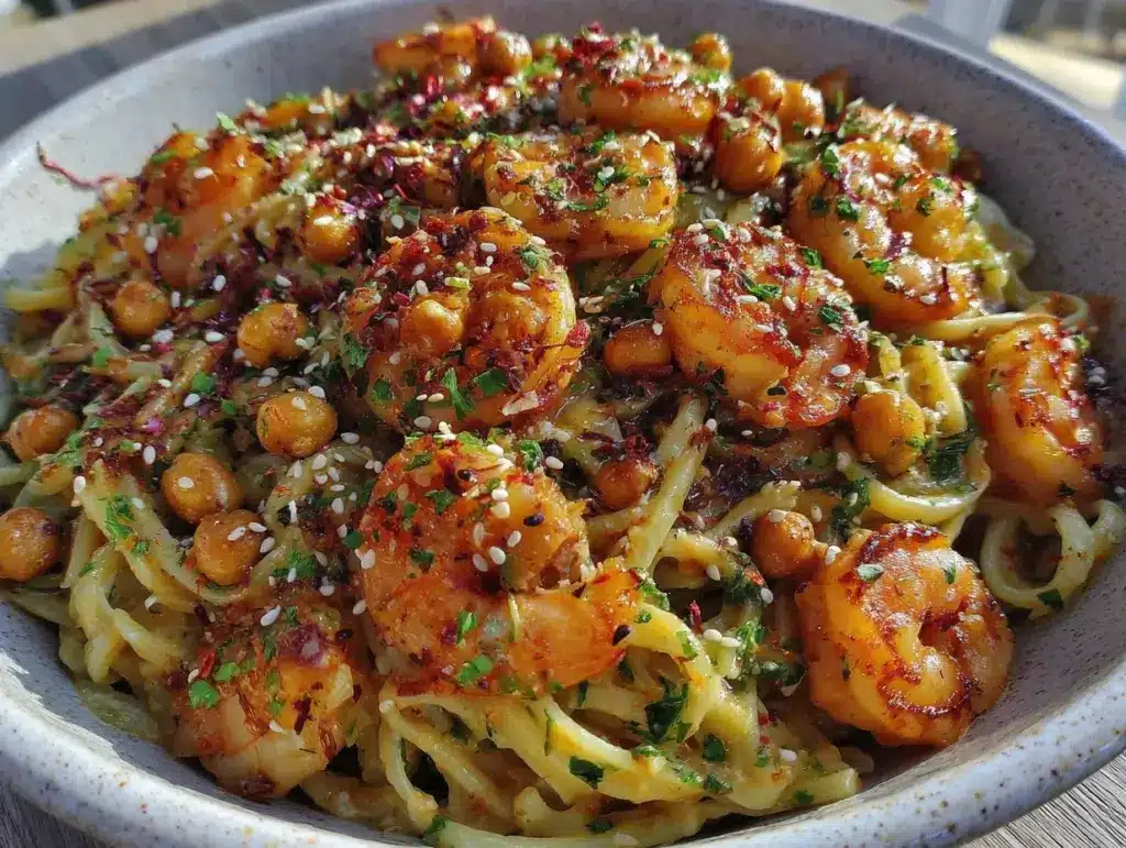 shrimp scampi and crispy chickpeas bowl - featured image