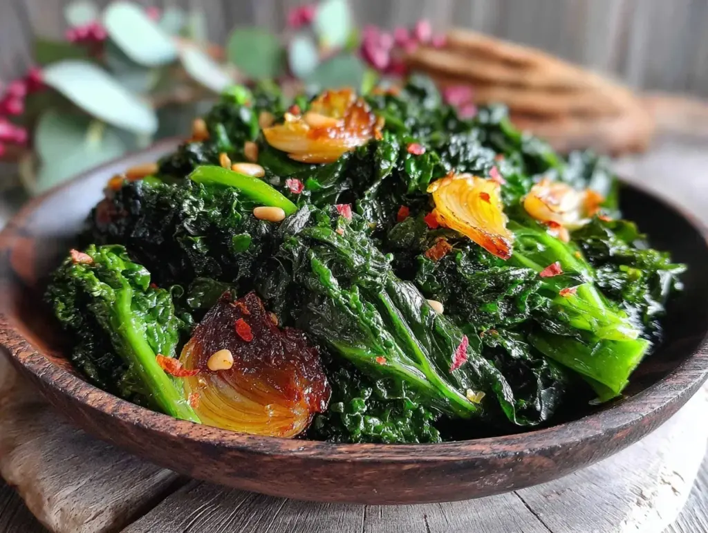 tasty greens with garlic and pine nuts - featured image