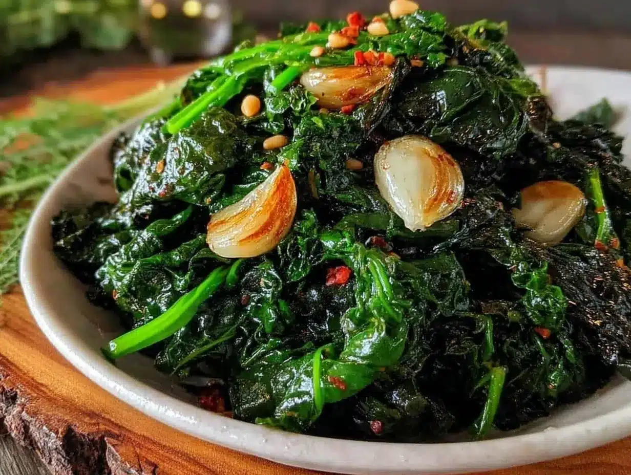 tasty greens with garlic and pine nuts preparation steps