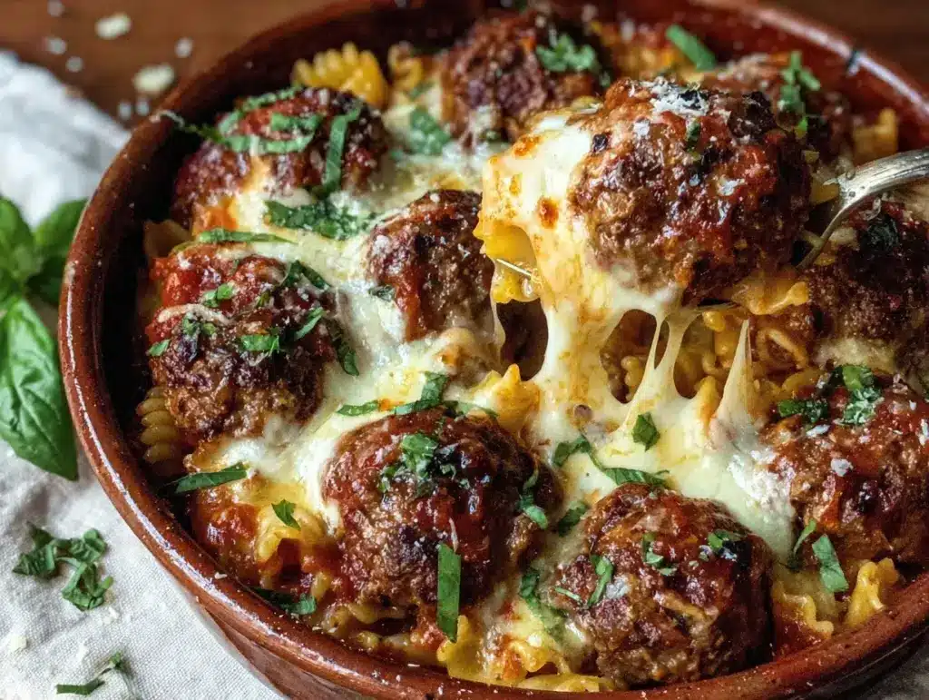 three-cheese meatball mostaccioli bake - featured image