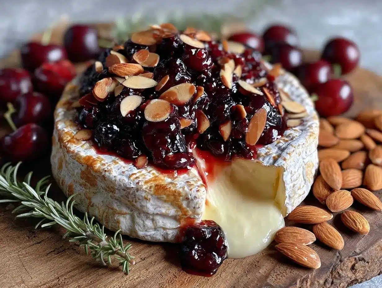 creamy baked brie with cherry compote and almonds preparation steps