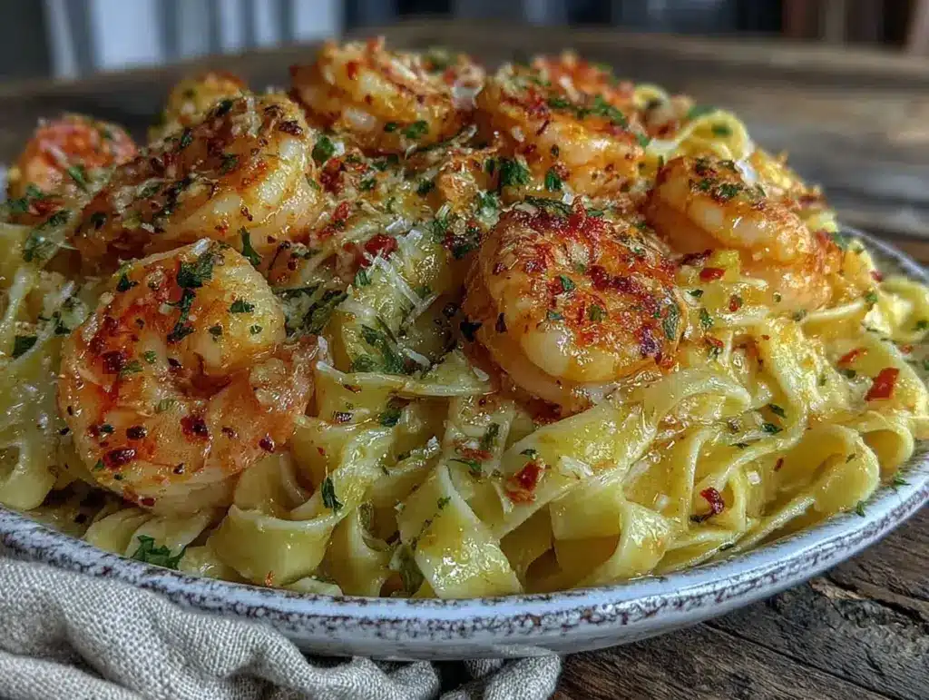 creamy garlic parmesan shrimp fettuccine - featured image