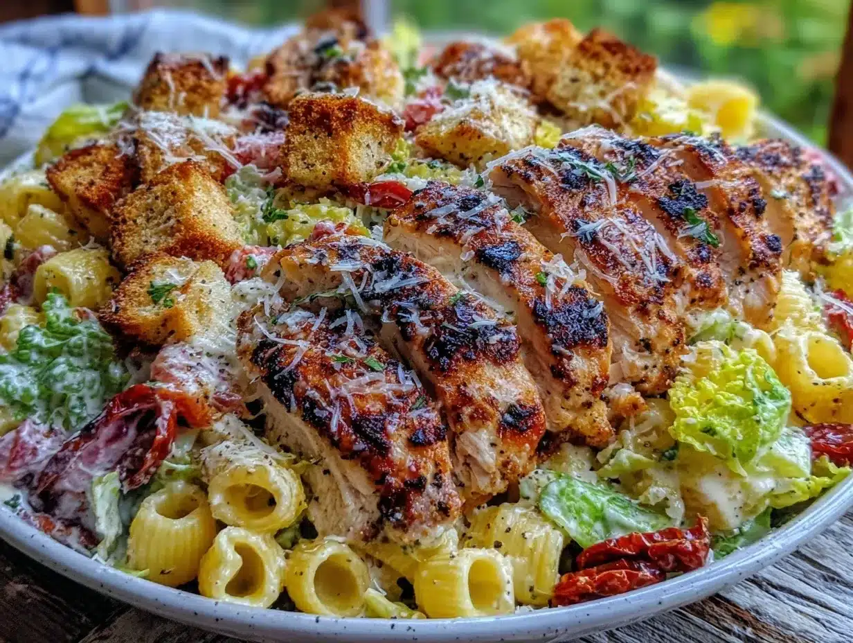 creamy grilled chicken caesar pasta salad preparation steps