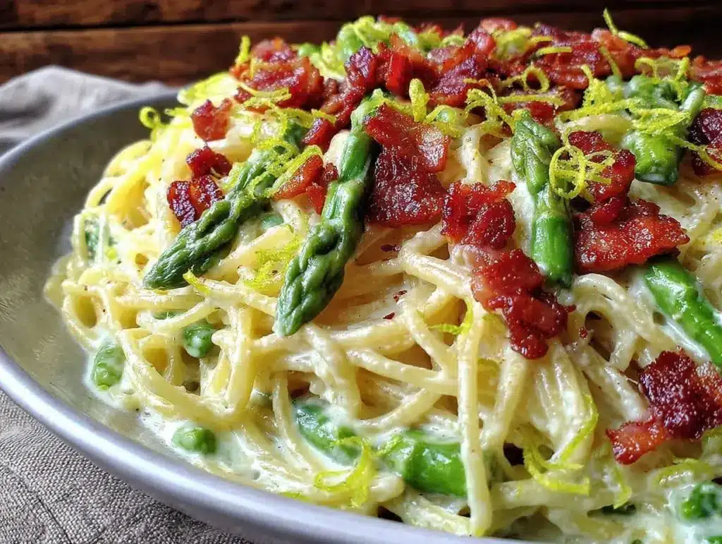 creamy lemon asparagus carbonara - featured image
