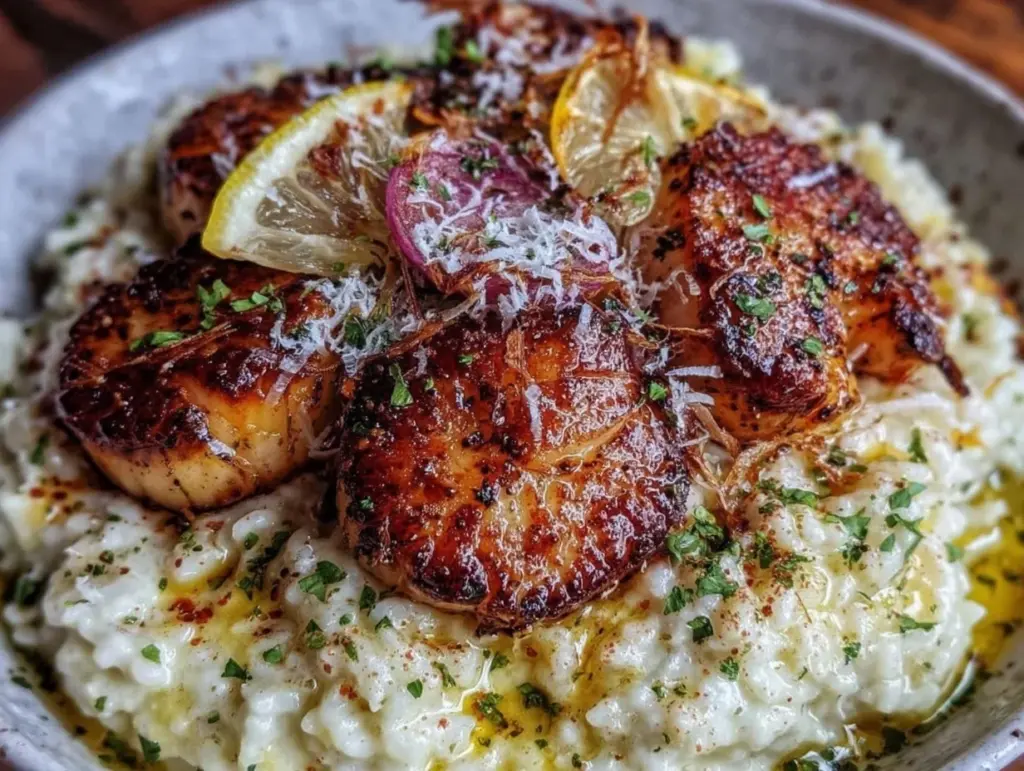 creamy lemon garlic butter scallops with risotto - featured image