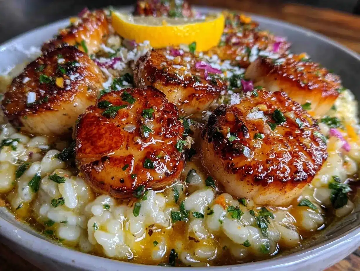 creamy lemon garlic butter scallops with risotto preparation steps