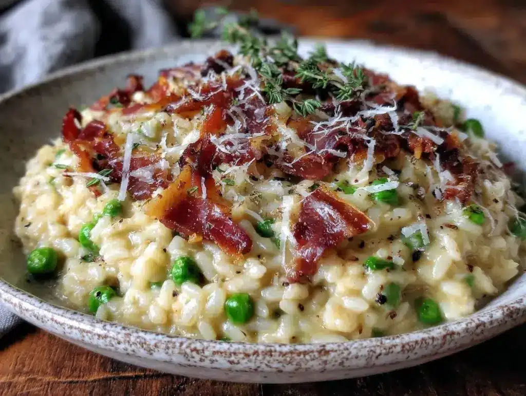 creamy pea and prosciutto risotto - featured image