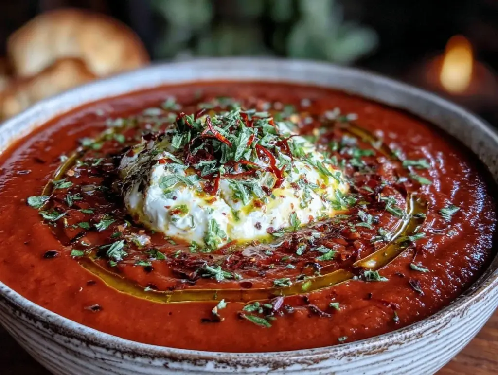 creamy roasted red pepper soup with goat cheese - featured image
