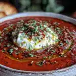 creamy roasted red pepper soup with goat cheese - featured image