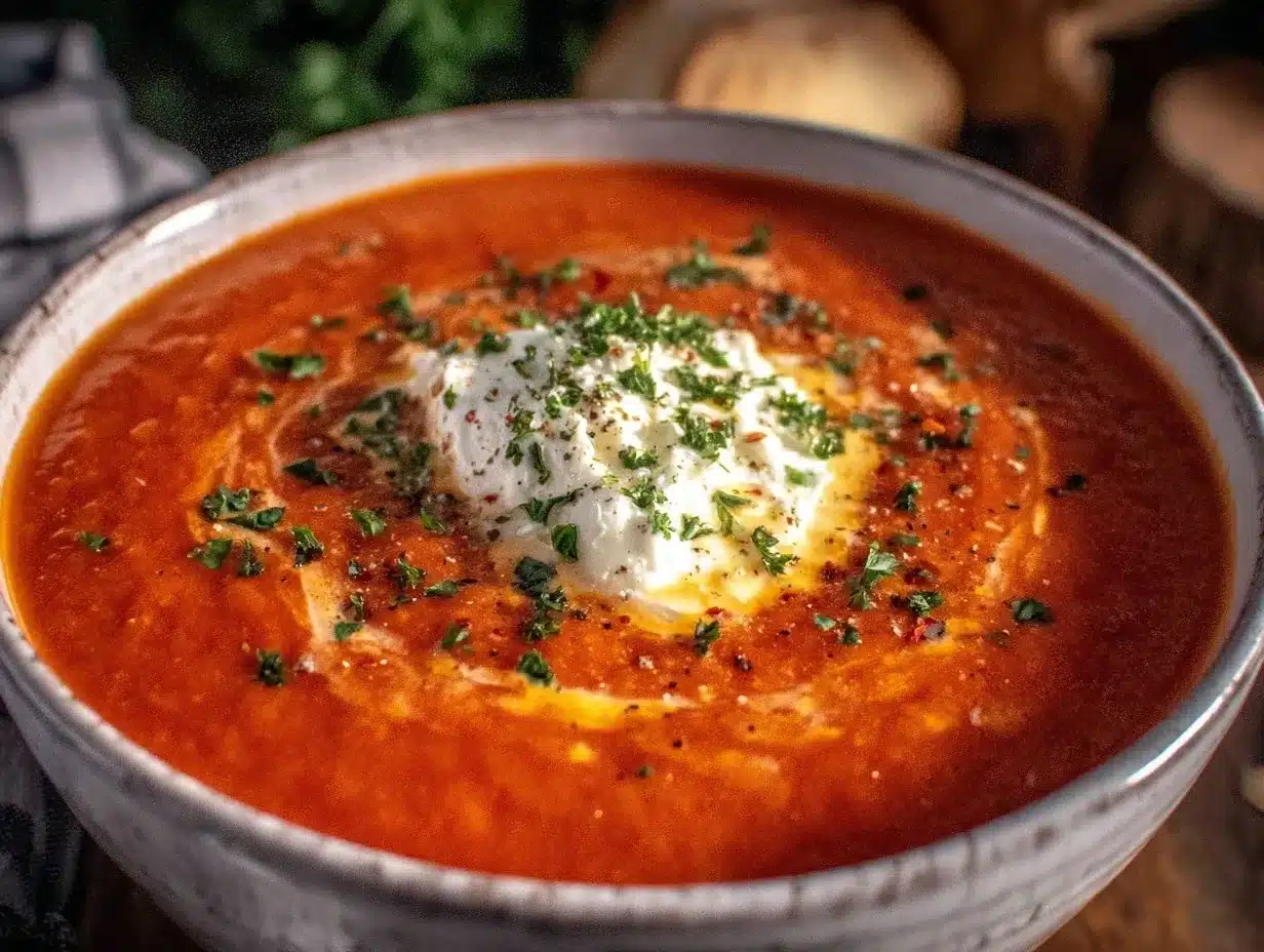 creamy roasted red pepper soup with goat cheese preparation steps