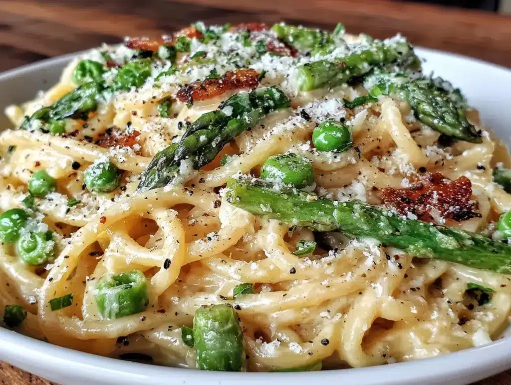 creamy spring vegetable carbonara - featured image