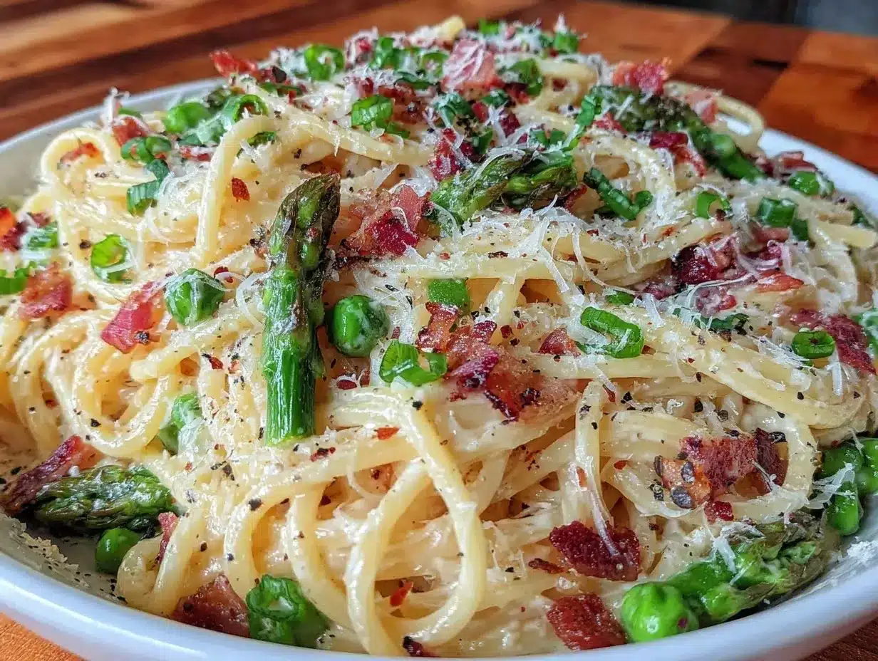 creamy spring vegetable carbonara preparation steps