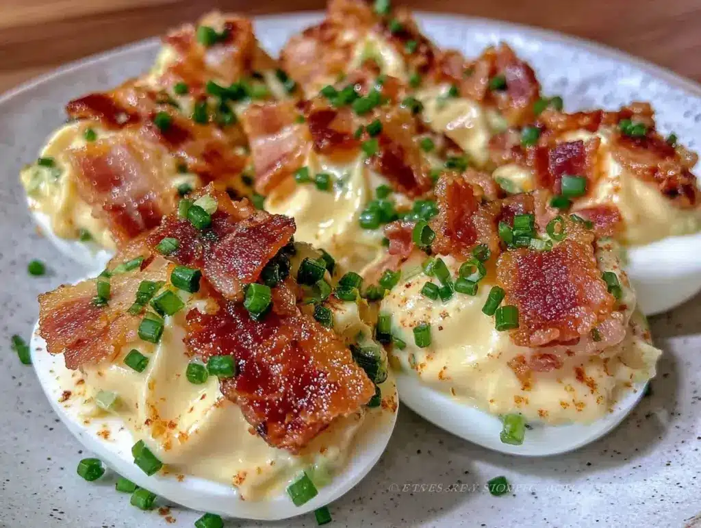 crispy deviled eggs with bacon and chives - featured image