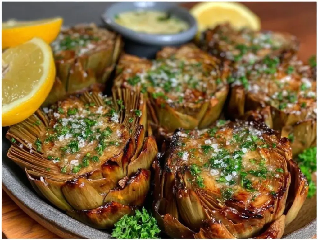 crispy lemon garlic roasted artichokes - featured image