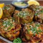 crispy lemon garlic roasted artichokes - featured image