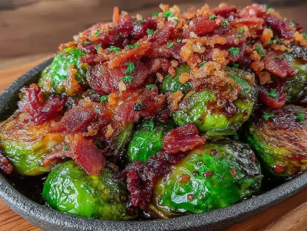 crispy oven-roasted brussels sprouts with bacon - featured image