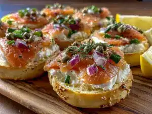 fresh smoked salmon and cream cheese bagel board - featured image