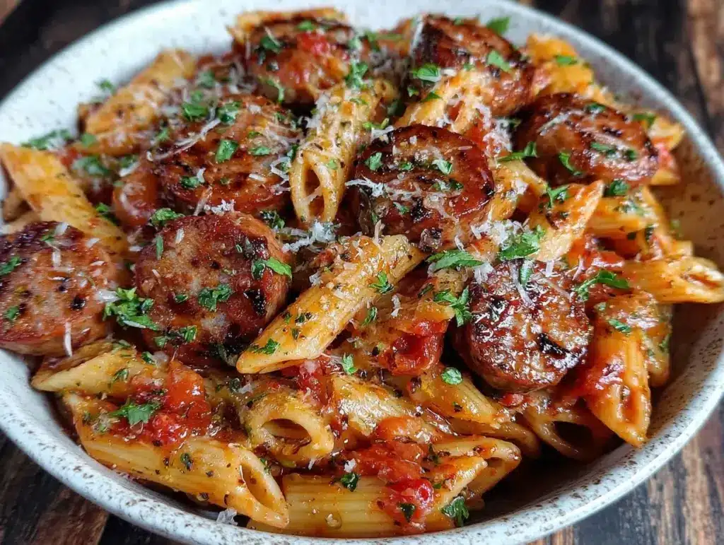 spicy arrabbiata pasta with italian sausage - featured image