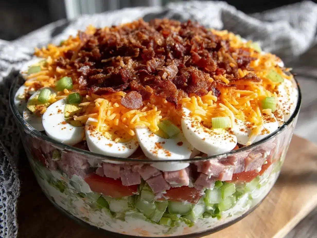 classic creamy old-fashioned seven layer salad preparation steps