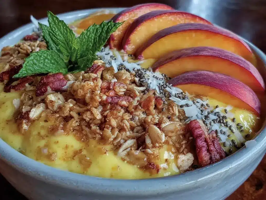 creamy peach mango smoothie bowl - featured image
