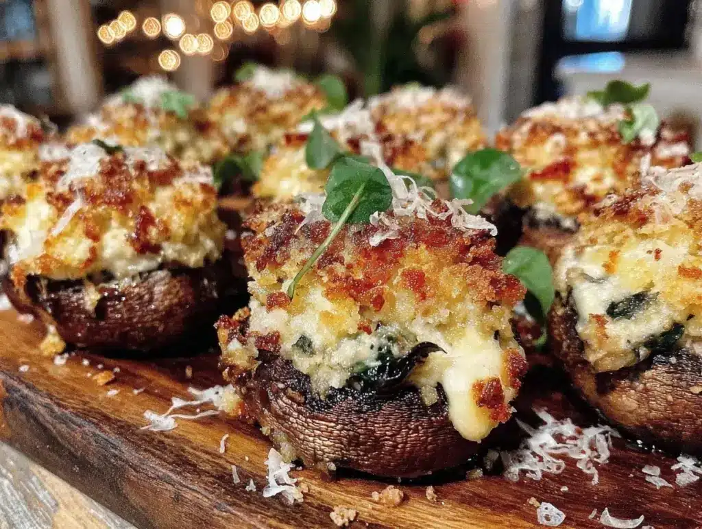 crispy baked spinach artichoke stuffed mushrooms - featured image