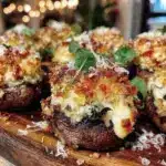 crispy baked spinach artichoke stuffed mushrooms - featured image