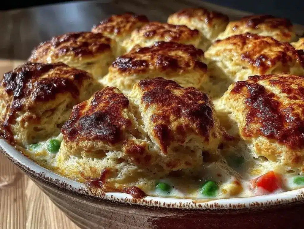 crispy biscuit-topped chicken pot pie casserole - featured image