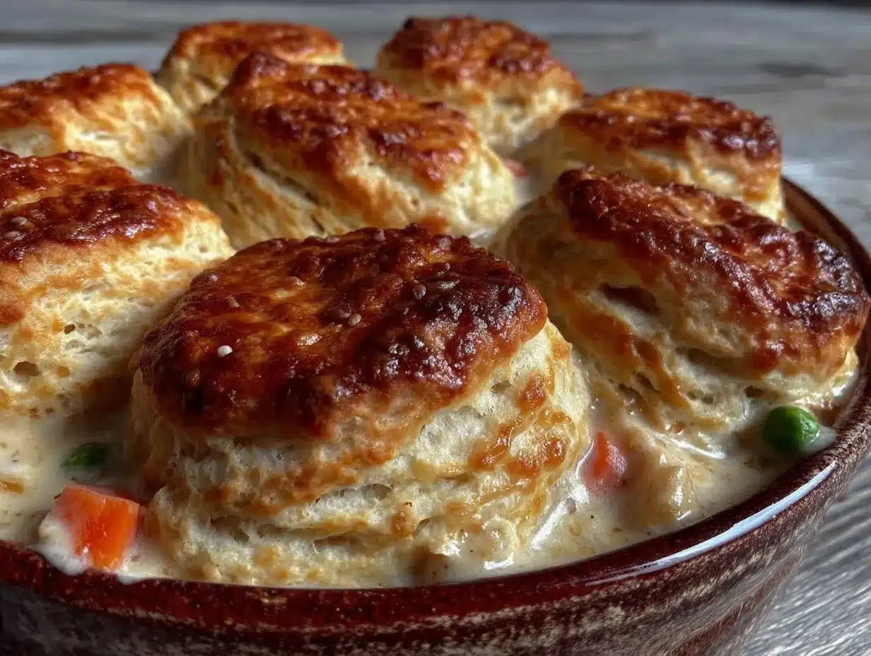 crispy biscuit-topped chicken pot pie casserole preparation steps
