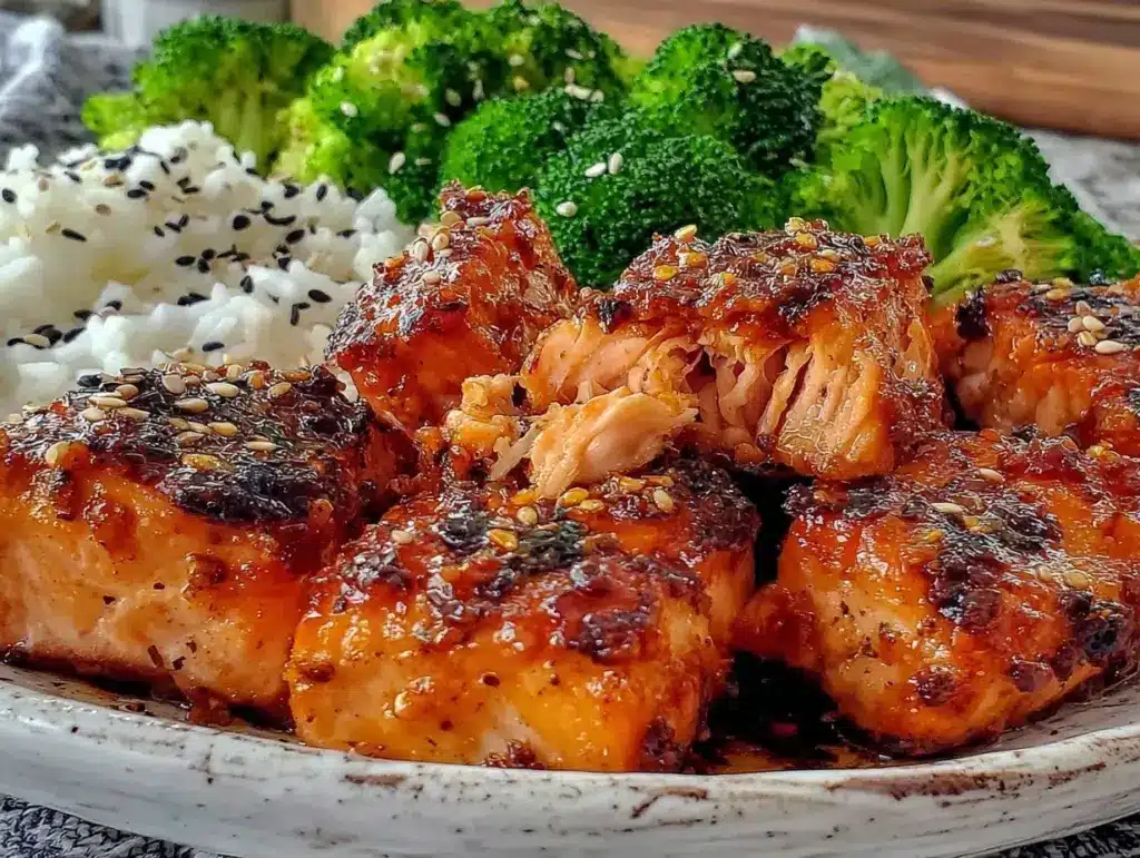 crispy honey garlic salmon bites - featured image
