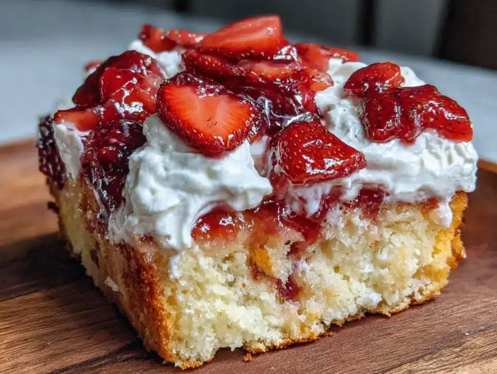 easy creamy strawberry jello poke cake - featured image