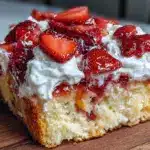 easy creamy strawberry jello poke cake - featured image
