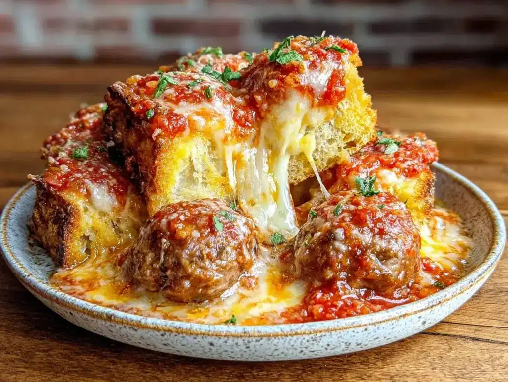 easy crockpot meatball sub casserole - featured image