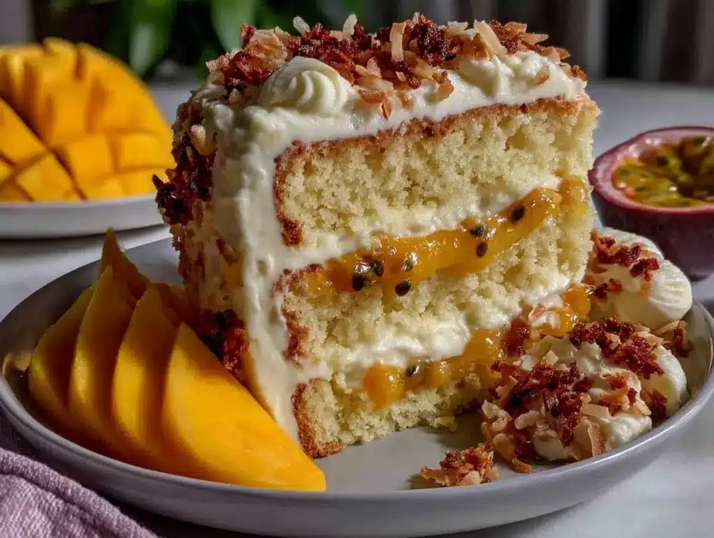 fluffy coconut mango chiffon layer cake - featured image