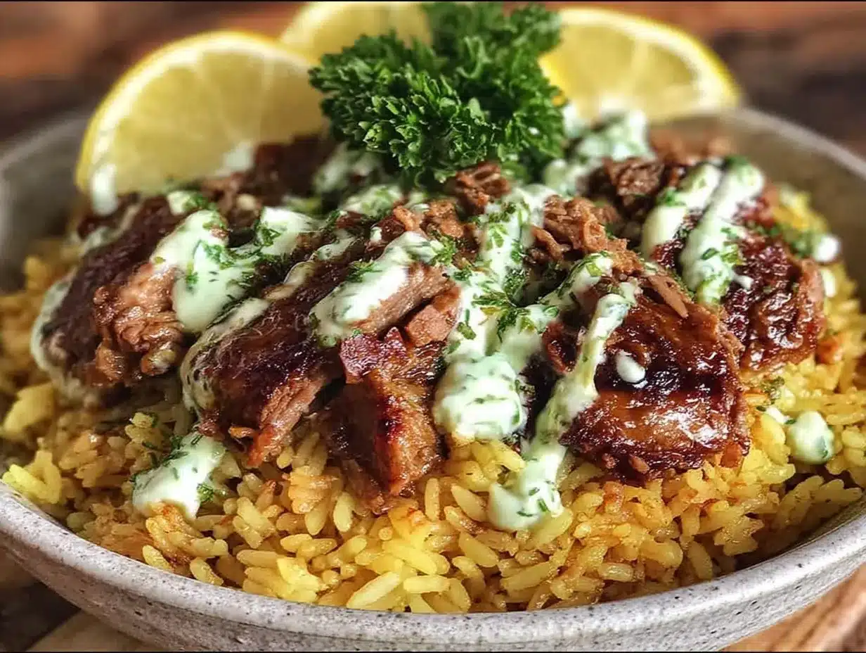 greek lemon rice bowls with gyro meat preparation steps