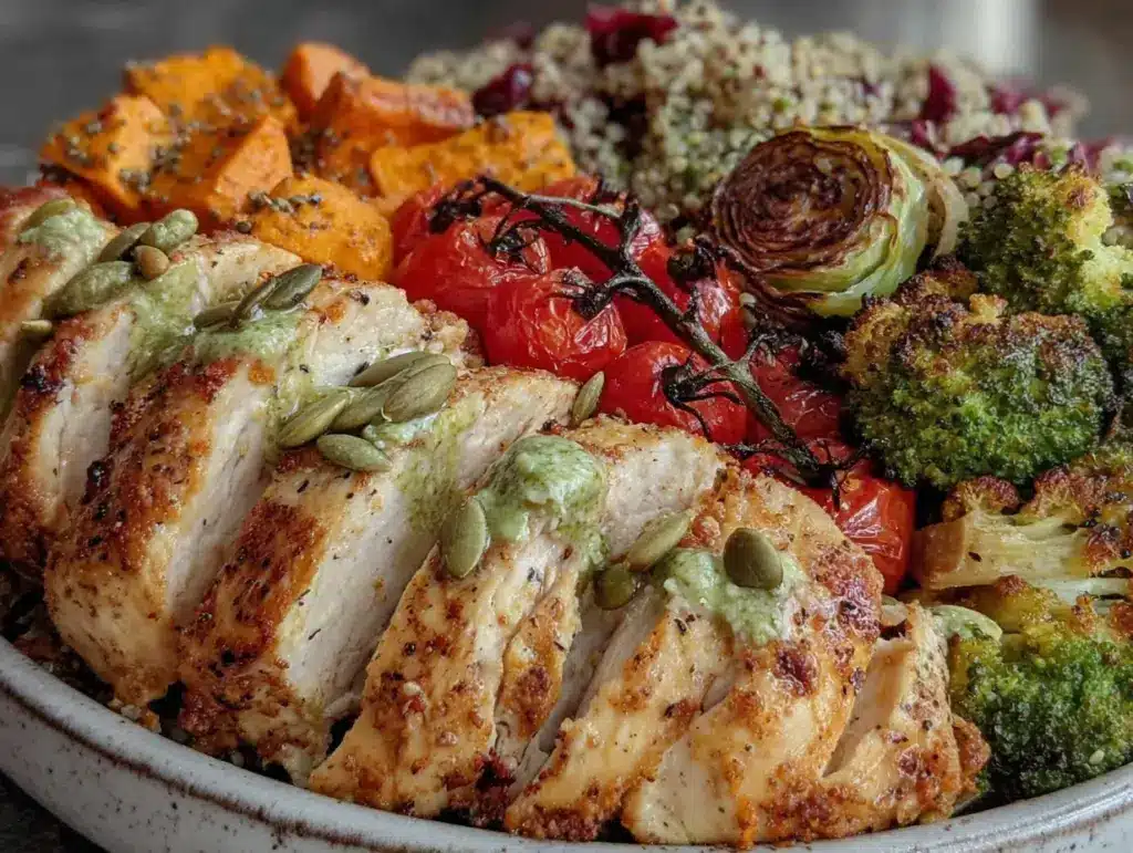 high-protein chicken and roasted veggie buddha bowls - featured image