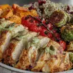 high-protein chicken and roasted veggie buddha bowls - featured image