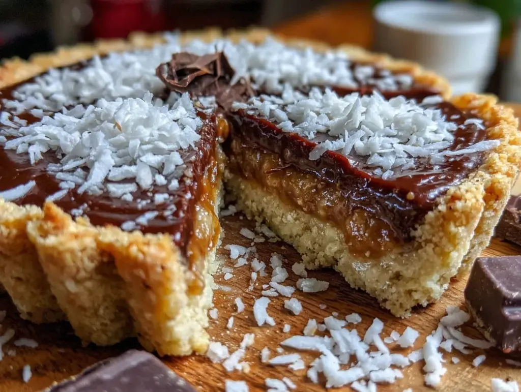 Samoa inspired dark chocolate caramel coconut tart - featured image