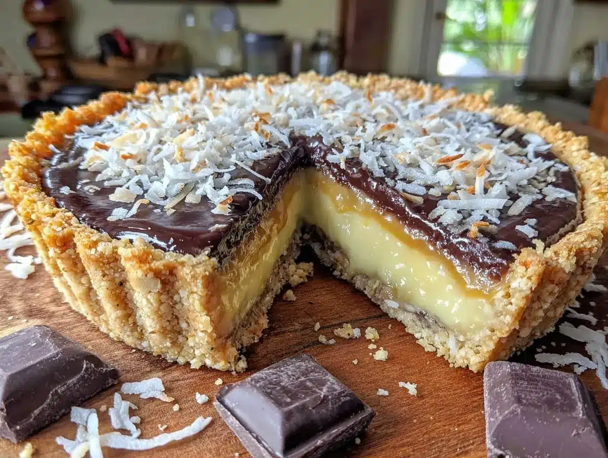 Samoa inspired dark chocolate caramel coconut tart preparation steps