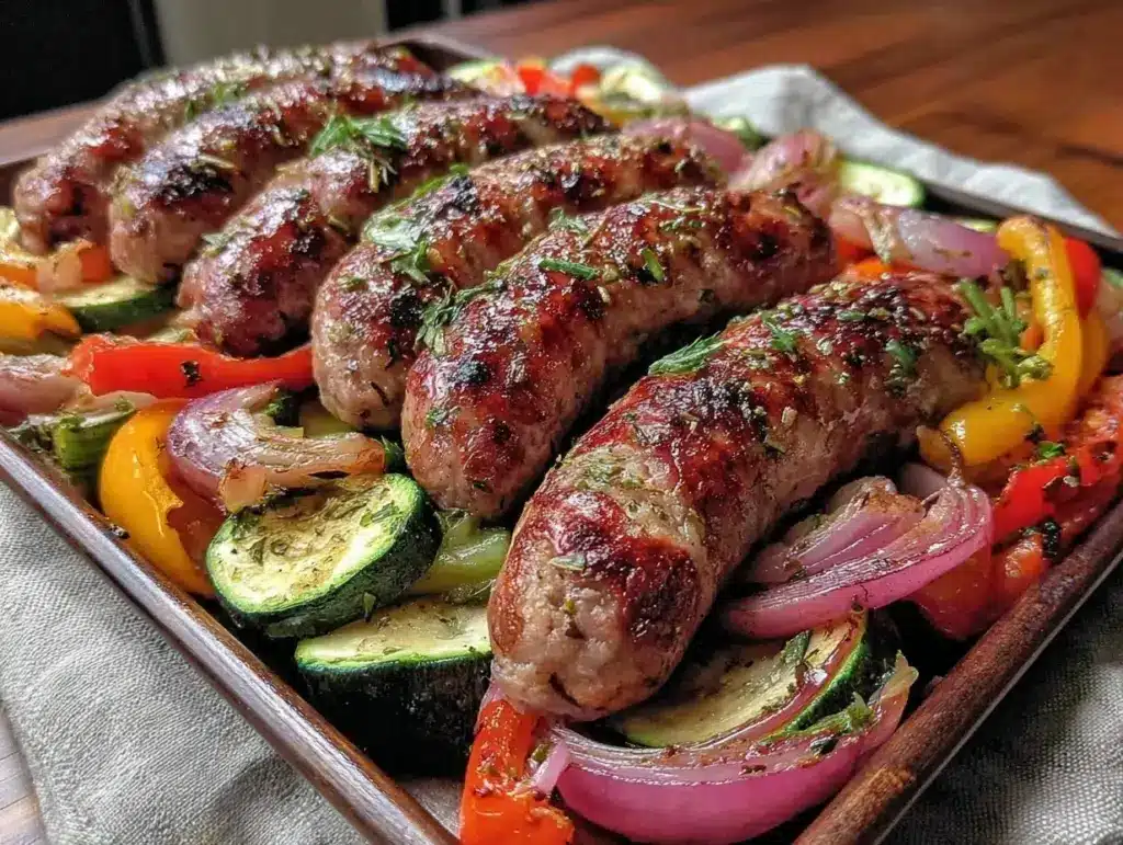 sheet pan sausage and veggie bake - featured image