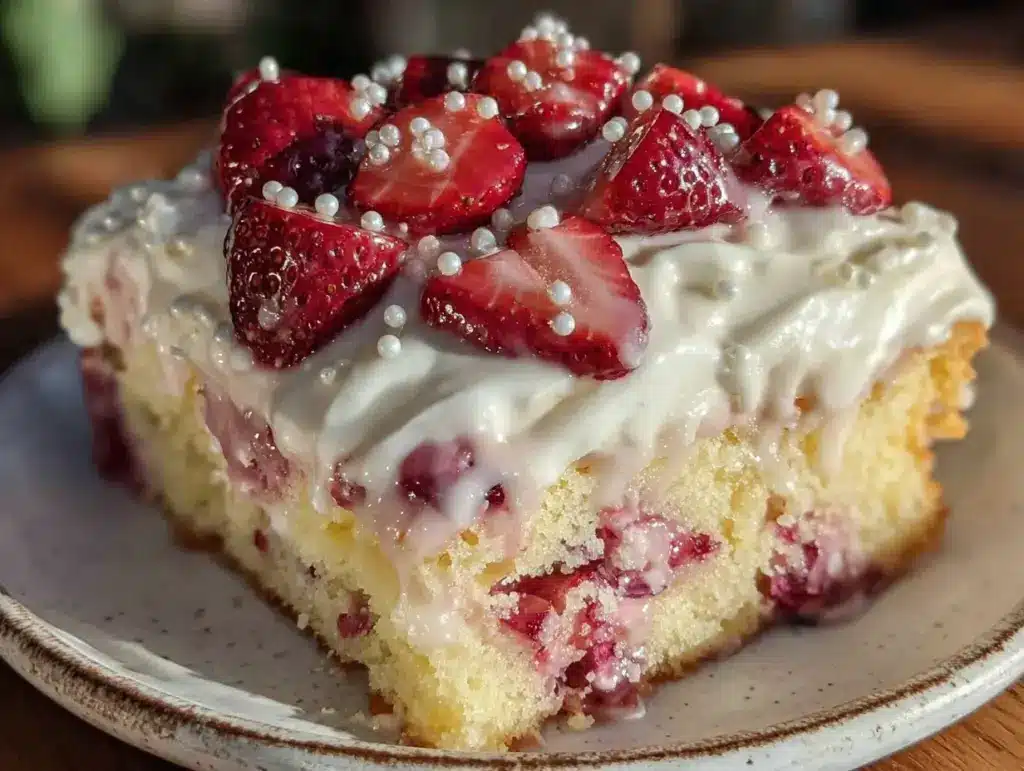 strawberry champagne poke cake - featured image