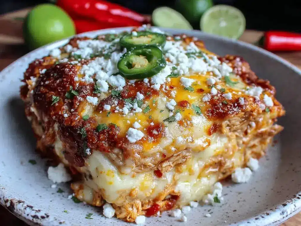 three chile chicken enchilada casserole - featured image