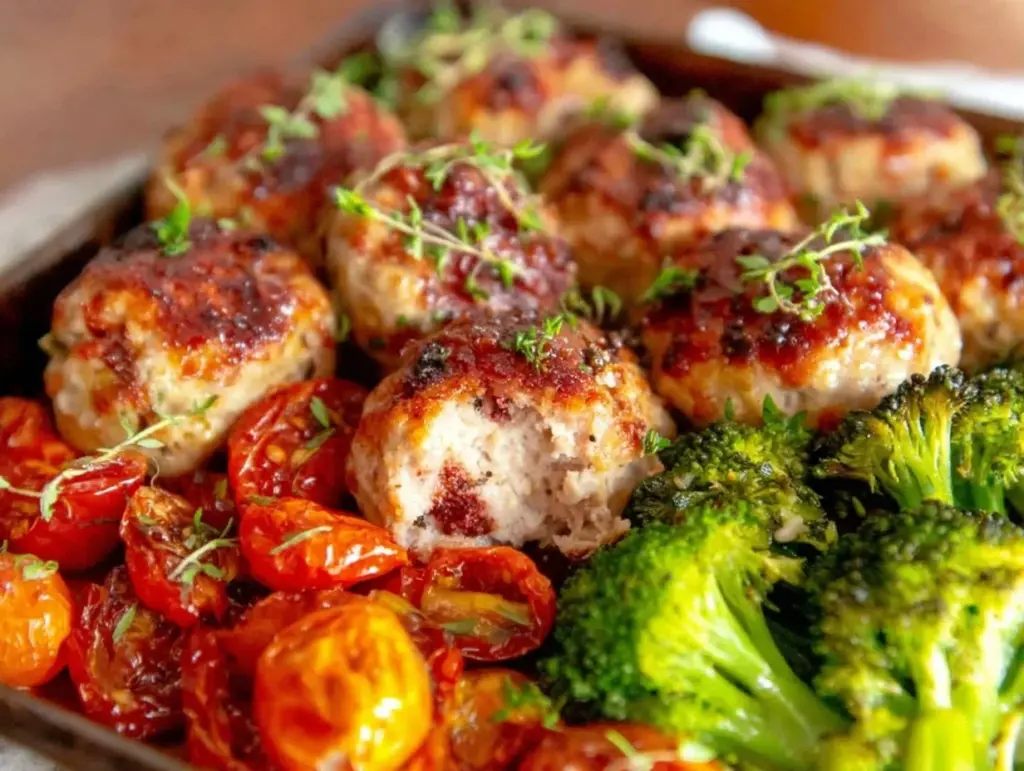 turkey meatball and veggie sheet pan meal prep - featured image