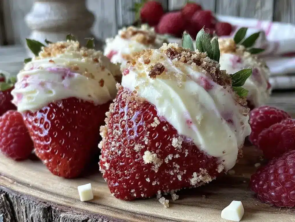 white chocolate raspberry cheesecake stuffed strawberries - featured image