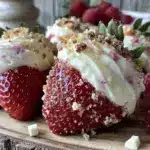 white chocolate raspberry cheesecake stuffed strawberries - featured image